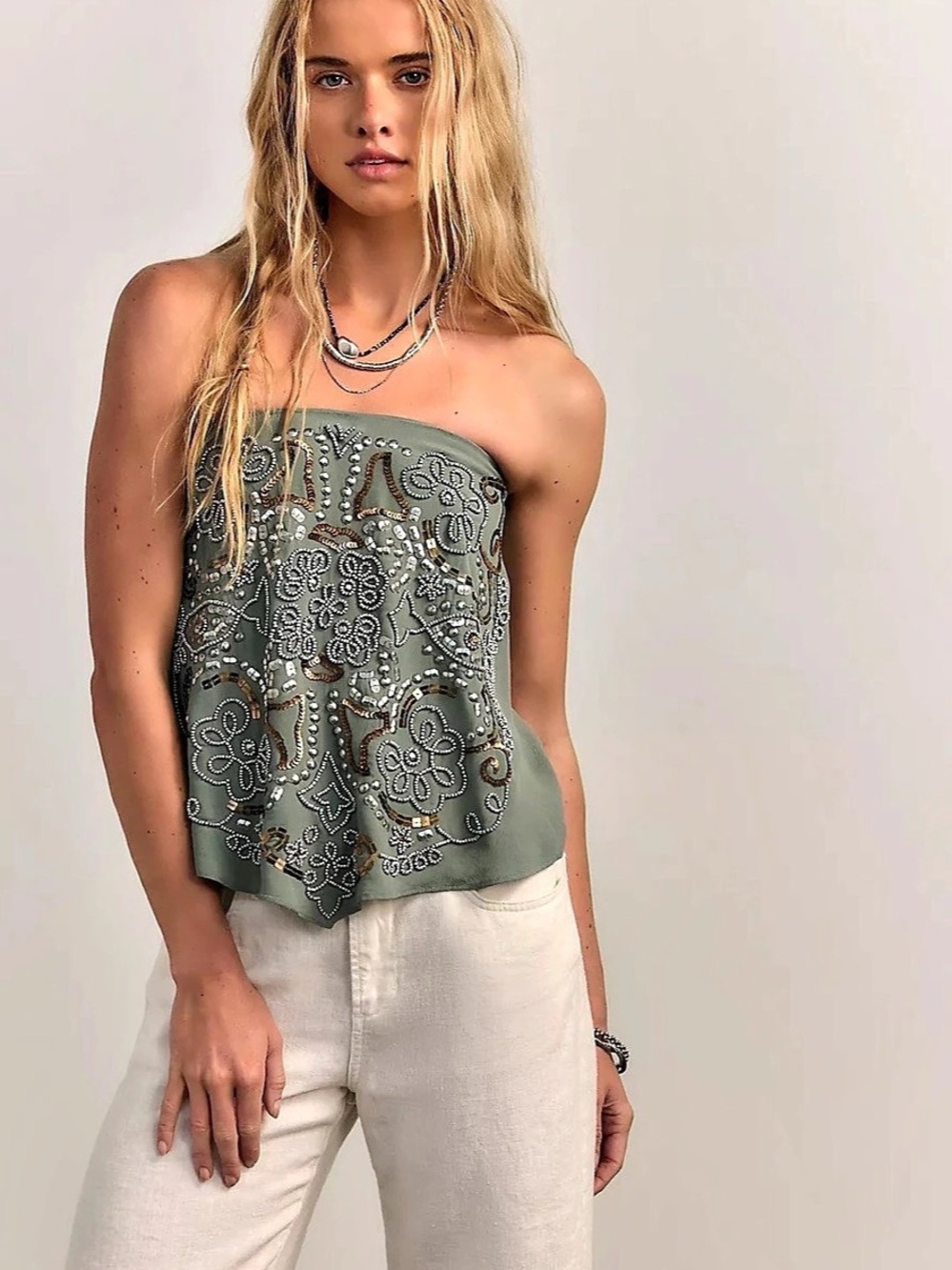 Free People Embellished Paisley Tank in Green Size XS NWT